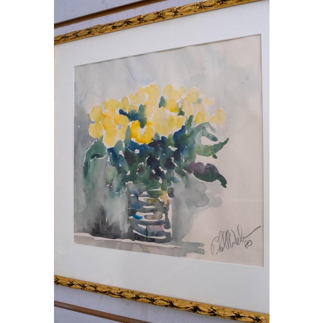 Abstract Abstract Yellow Flowers in Vase Watercolor Painting Signed For Sale - Image 3 of 8