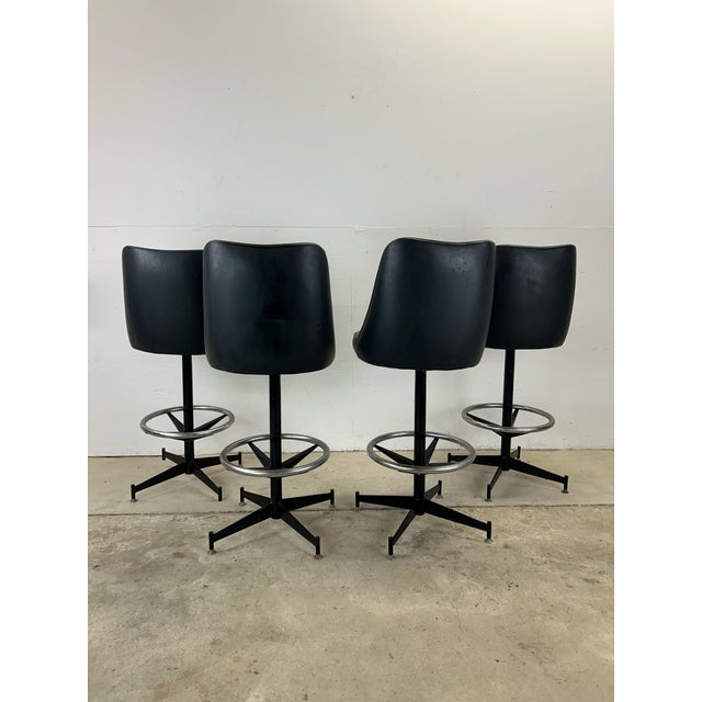 Plastic Set of 4 Mid Century Modern Black Vinyl Bar Stools For Sale - Image 7 of 12