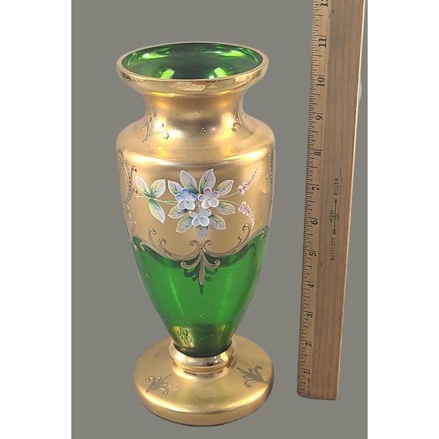 Vintage Bohemian Heavily Gilded High Enamel Floral Green Crystal Art Glass Vase For Sale - Image 6 of 11