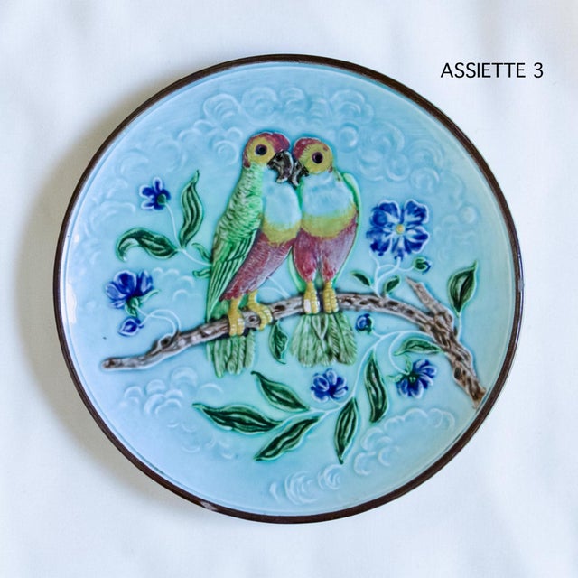Vintage Hungarian Turquoise Majolica Plates with Parakeets, 1950, Set of 3 For Sale - Image 6 of 8