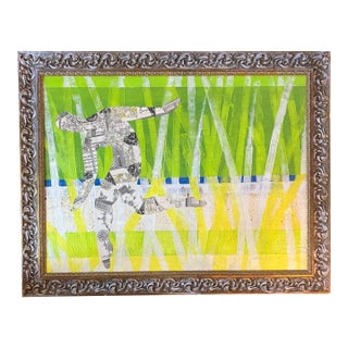 Contemporary Original Wayne Cunningham Abstract Running Man Collage / Painting With Chunky Vintage Frame For Sale