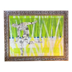 Contemporary Original Wayne Cunningham Abstract Running Man Collage / Painting With Chunky Vintage Frame