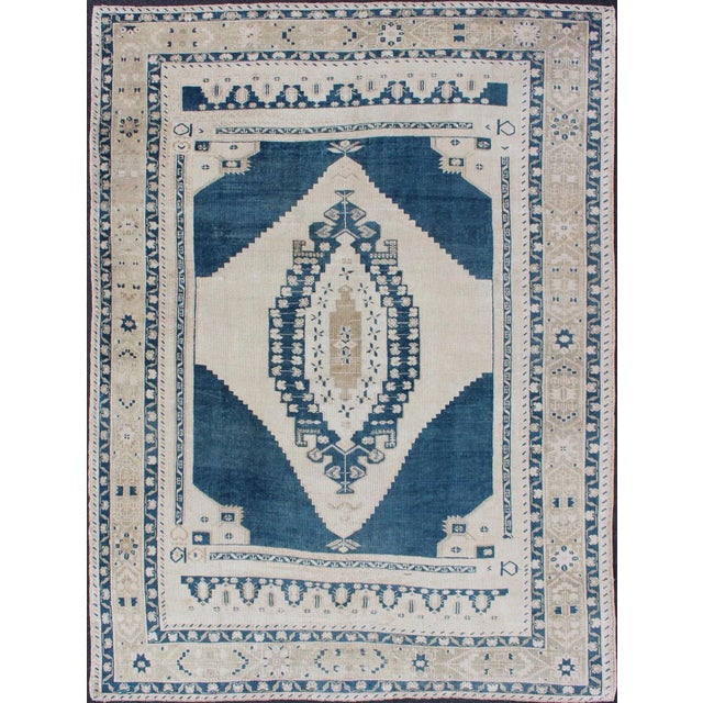 Vintage Hand Knotted Turkish Oushak Rug With Central Medallion in Blue and Cream For Sale - Image 13 of 13