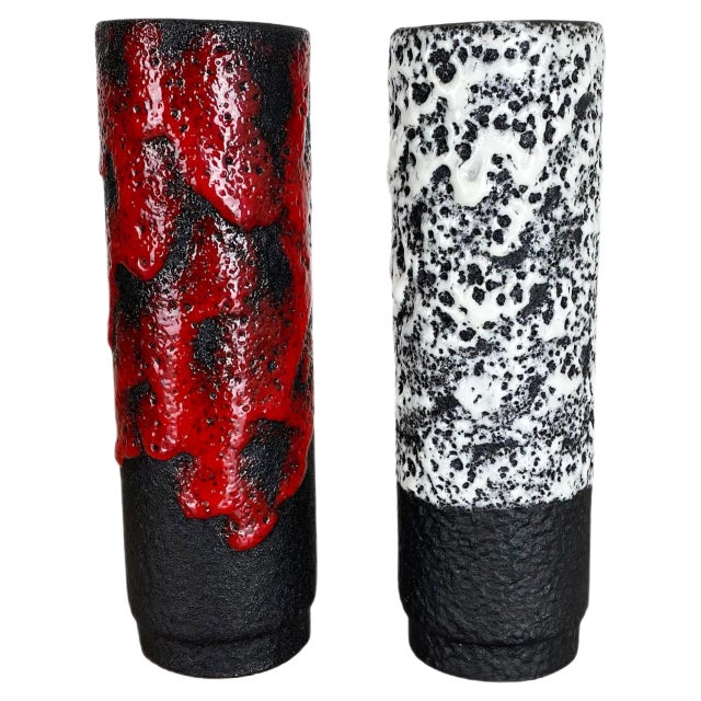 German Pottery Fat Lava Vases Black Red & White from Jopeko, 1970s, Set of 2 For Sale