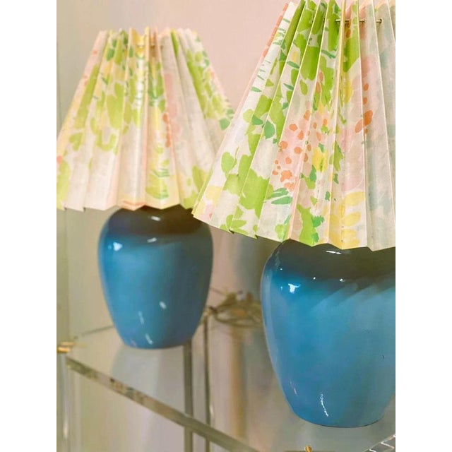 Textile Vintage Blue Ceramic Table Lamps, Set of 2 For Sale - Image 7 of 8