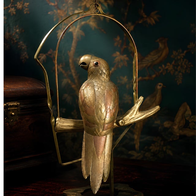 Vintage Brass & Copper Parrot on Perch With Stand & Hoop, Attributed to S. Bustamonte For Sale - Image 10 of 10