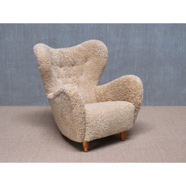Wingback Chair in Sheepskin and Birch by Otto Schulz for Boet, Sweden, 1946 For Sale - Image 10 of 16