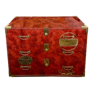 Stunning Coral Red Lacquer & Brass Mastercraft Asian Chest