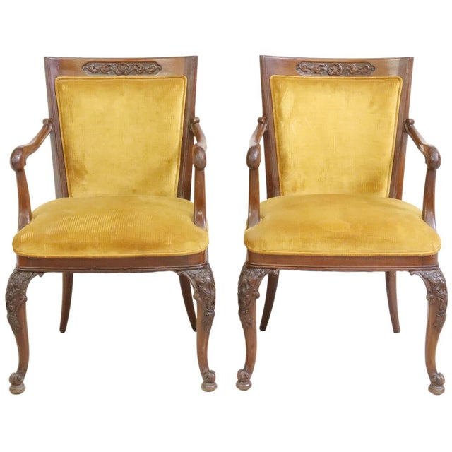 Late 20th Century Vintage Continental Carved Mahogany Yellow Velvet Armchairs, Set of 8 For Sale - Image 4 of 15