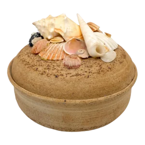 1980's Organic Modern Signed Stoneware Dish With Sea Shells on Lid