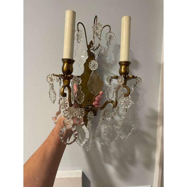 French Pair of French Bronze and Crystal Antiques Sconces For Sale - Image 3 of 12