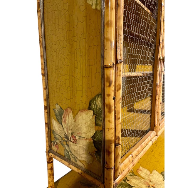 Vintage Tortoiseshell Bamboo Large Floral Decoupage Chinoiserie Display Cabinet For Sale - Image 9 of 15