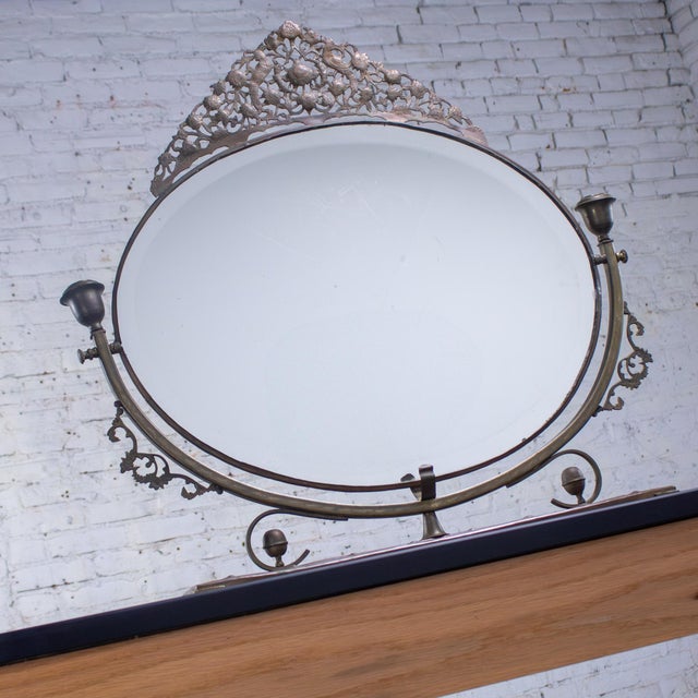 Late 19th to Early 20th Century Art Nouveau Tabletop Metal Vanity Oval Beveled Mirror W/Candle Holders For Sale - Image 4 of 18