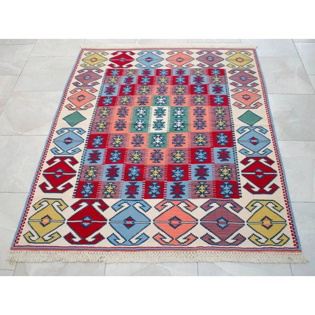 Mid-Century Modern 1980s Vintage Turkish Rug Hand Woven Colorful Area Rug Oushak Kilim - 4'4" X 5'2" For Sale - Image 3 of 8