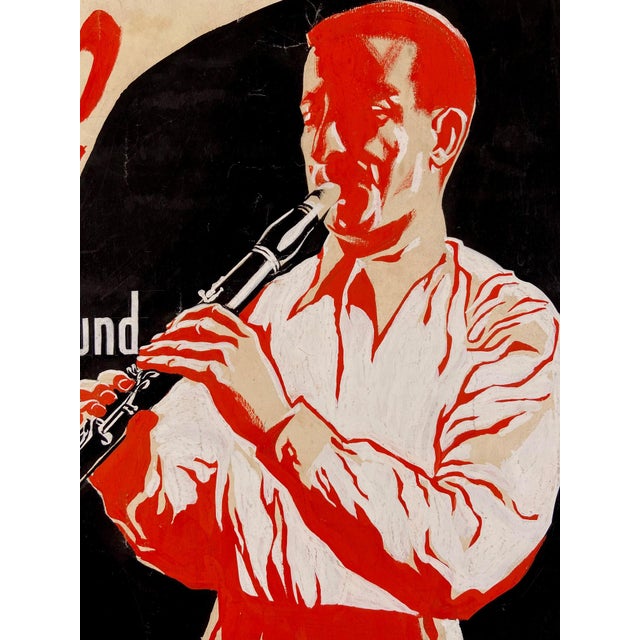 Hand Painted Vintage Poster of French Jazz Musician Maxim Saury by Pierre Merlin Circa 1950s