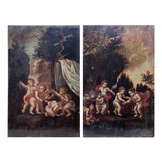 Landscapes with Putti, 1800s, Oil on Panel Paintings, Set of 2 For Sale