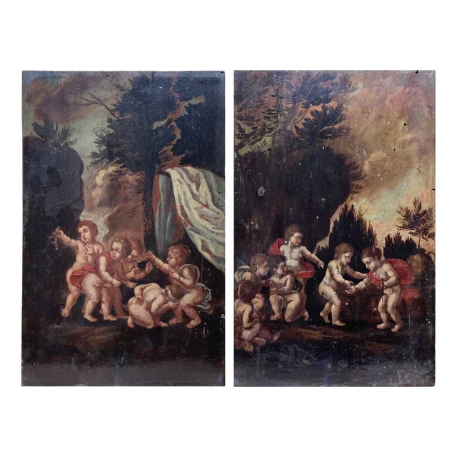 Landscapes with Putti, 1800s, Oil on Panel Paintings, Set of 2 For Sale