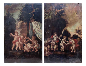 Landscapes with Putti, 1800s, Oil on Panel Paintings, Set of 2