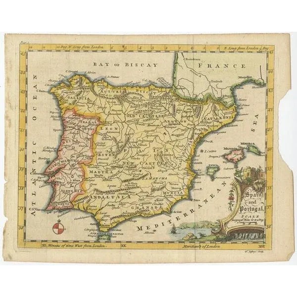 Antique map titled 'Spain and Portugal'. Small, detailed antique map of Spain and Portugal (Iberian Peninsula). Decorative...