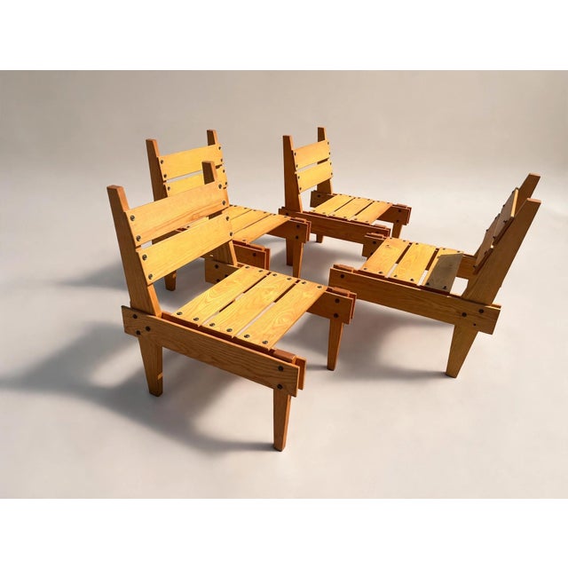 Vintage Brutalist Wooden Armchairs, 1960s, Set of 4, in Very Good conditions. Designed 1960 to 1969