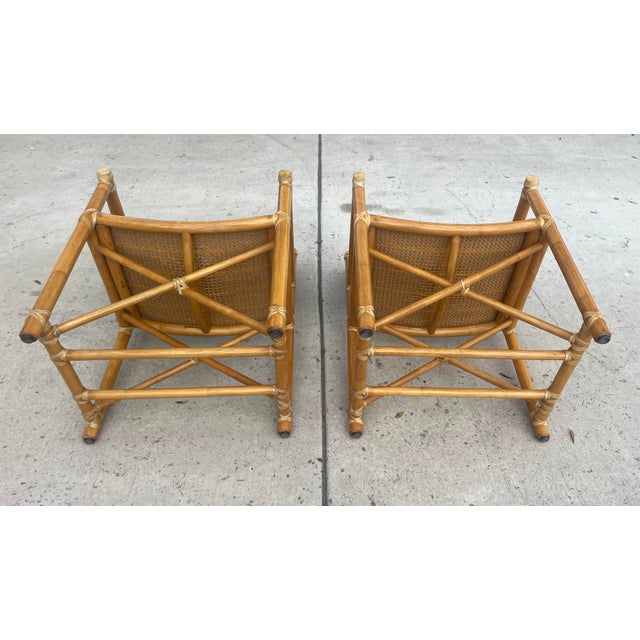 Pair of Vintage Rattan McGuire Directors Style Armchairs, Newly Upholstered Sunbrella Seats For Sale In San Diego - Image 6 of 10