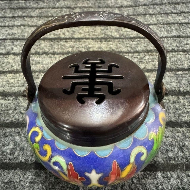 Metal Late 20th Century Cloisonné Enamel Hand Warmer, Floral Phoenix Chinoiserie Lidded Vessel With Handle For Sale - Image 7 of 7