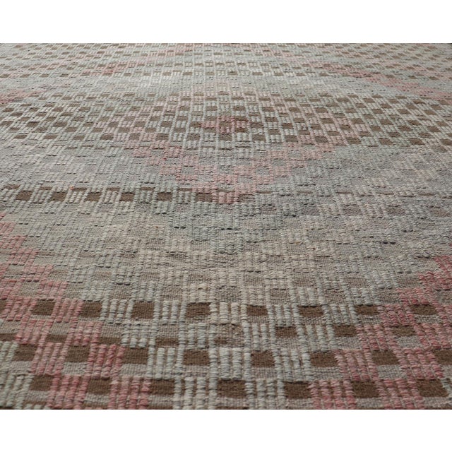 Vintage Turkish Embroidered Flat Weave With Soft Colors in Diamond Design 7'6" X 9'3" For Sale - Image 4 of 11