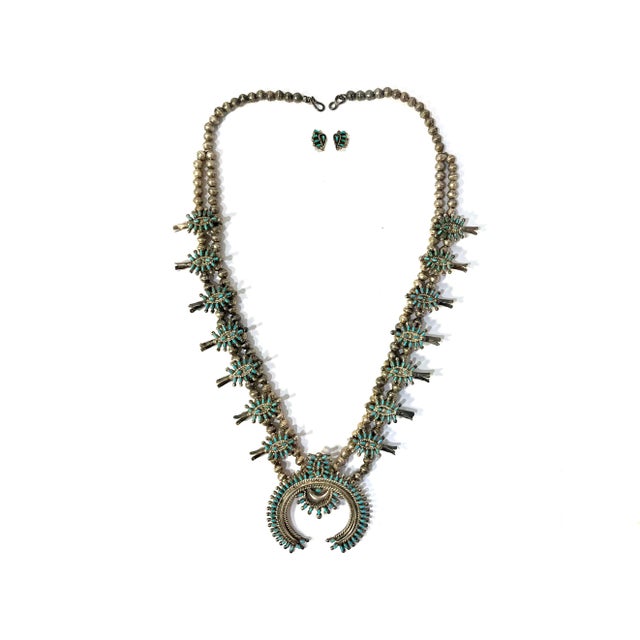 Vintage Zuni Squash Blossom Sterling Silver Turquoise Necklace With Earrings Set For Sale - Image 12 of 12