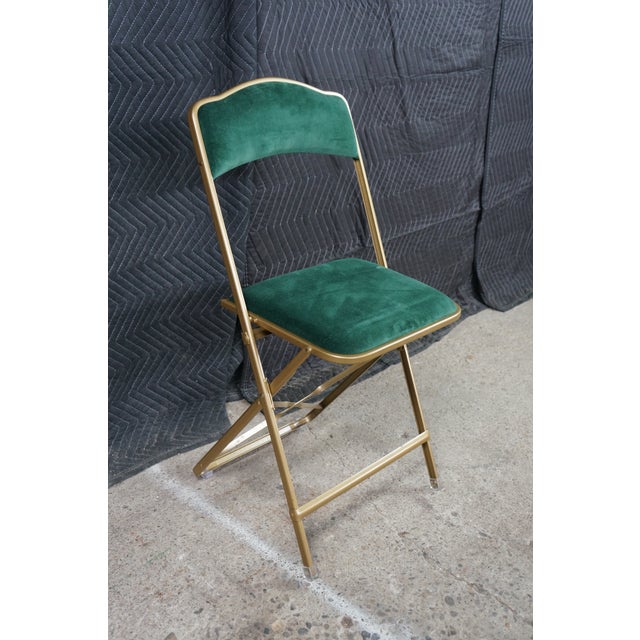 Mid 20th Century A. Fritz + Co Mid Century Gold Frame & Green Velvet Metal Folding Chairs Modern For Sale - Image 9 of 16