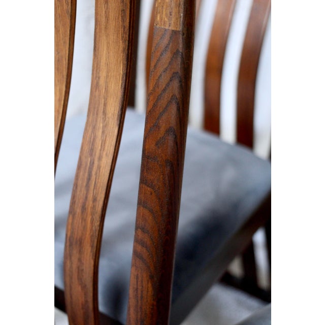 Set of 4 Oak Arched Dining Chairs With Blue Velvet Upholstered Seats For Sale - Image 13 of 16