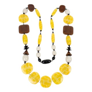 Angela Caputi Extra-Long Necklace Faux-Wood and Textured Yellow Resin Beads For Sale