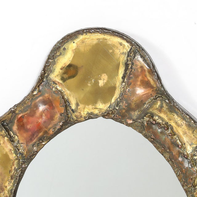 Mid-Century Brutalist Textural Welded Brass & Copper Bordered Signed Mirror For Sale In New York - Image 6 of 16