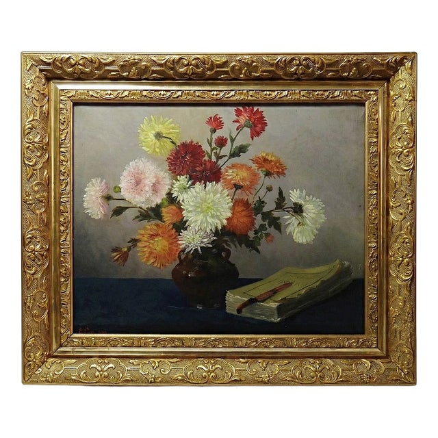 L. Porte, Still Life with Chrysanthemums, 1888, Oil on Canvas, Framed For Sale