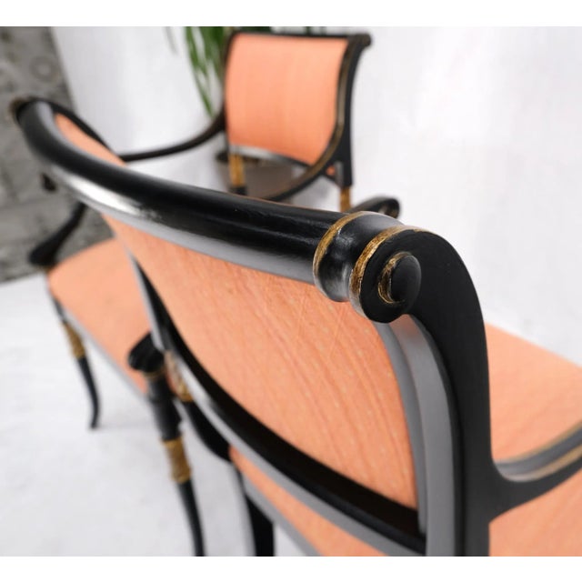 Pair Regency Ebonized Gilt Craved Fireside Dining Arm Chairs Horn Shape Leg For Sale - Image 9 of 13