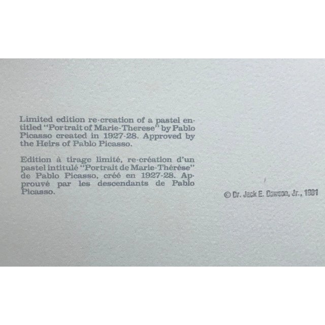 Cubism "Portrait of Marie Theresa" 1980s Pablo Picasso Estate Lithograph For Sale - Image 3 of 3