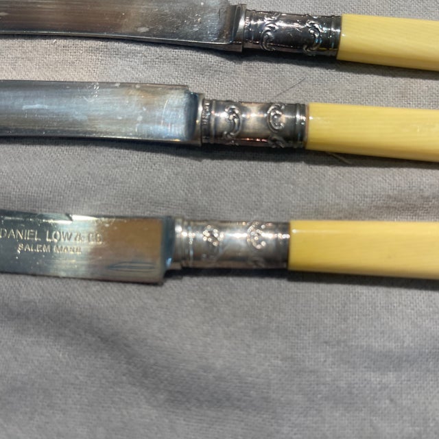 Antique Daniel Low & Co. oTable Knives – Set of 6 Vintage Celluloid Handle Flatware, Silverplate Bolsters, Salem Ma For Sale - Image 9 of 11