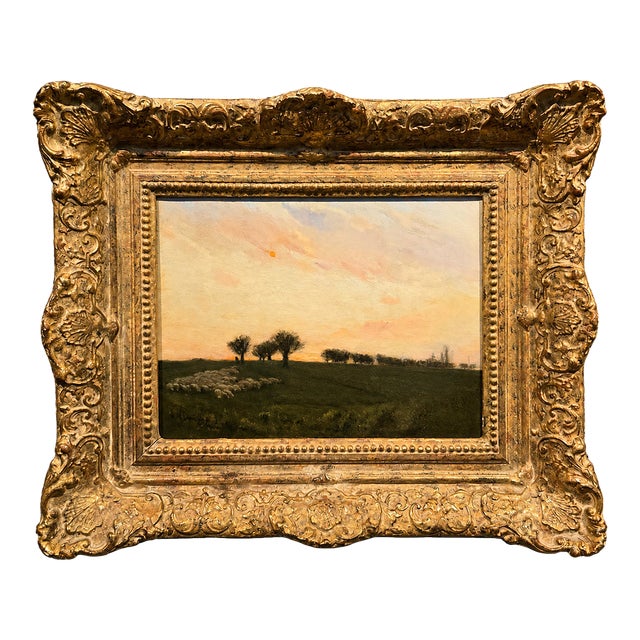 Charles Harold Davis-Dusk Pastoral Meadow W/Grazing Sheep-American Tonalist Oil Painting For Sale
