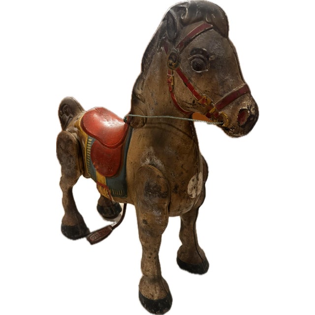 Vintage 1940’s Mobo Horse Bronco Metal Riding Toy Self-Propelled England Wheels. Mid-Century Patina Steel Bouncing, Steering Ride Toy For Sale - Image 4 of 10