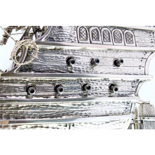 Large Silver Galleon with Applications, Sails, Masts, Ropes, Cannons and Anchors For Sale - Image 10 of 12