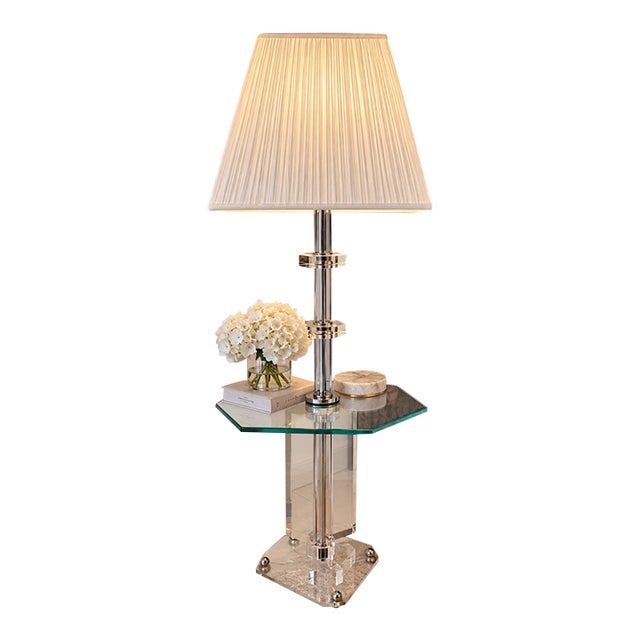 Vintage Lucite & Chrome Floor Lamp With Glass Shelf Table For Sale