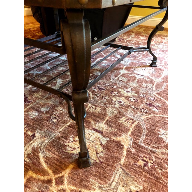 2000 - 2009 Rustic Square Leather and Marble Topped Wrought Iron Coffee Table For Sale - Image 5 of 12