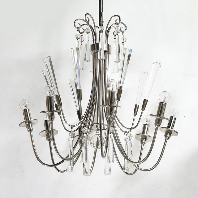 Silver Mid-Century Modernist Eight Arm Chandelier in Cut Crystal & Polished Nickel For Sale - Image 8 of 14