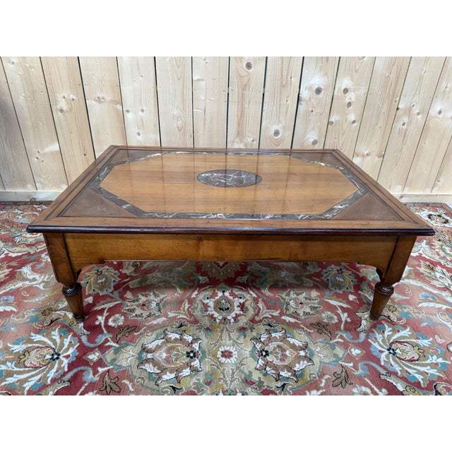 Brown Vintage French Coffee Table in Oak with Marble, 1980s For Sale - Image 8 of 8