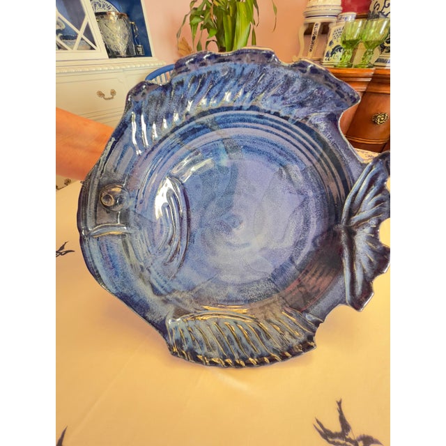 1990s Rare Earth Pottery Fish Bowl 12”d Blue Tropical Large Serving Dish Handmade For Sale In Miami - Image 6 of 9