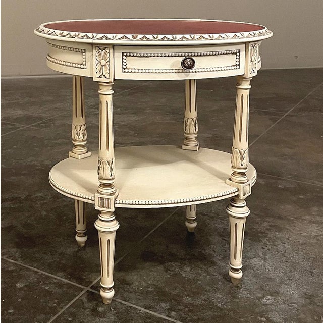 Early 20th Century Antique French Louis XVI Painted Oval Side Table With Leather Top For Sale - Image 5 of 17
