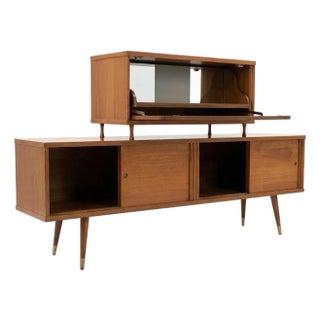 Atomic Style Vintage Mid Century Modern Two Piece Bar Cabinet Sliding Buffet C. 1960s For Sale