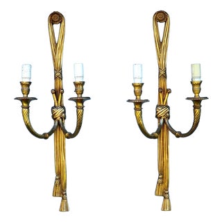 Large Antique Louis XVI Style Rope Tassel Wall Lights in Gilt Bronze, 1890s, Set of 2 For Sale