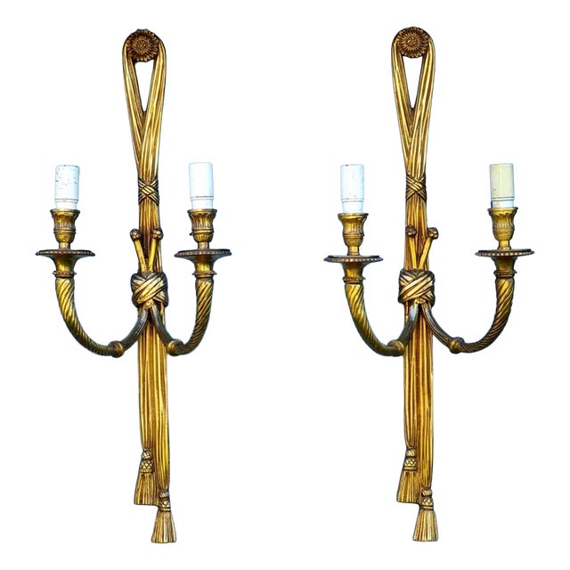 Large Antique Louis XVI Style Rope Tassel Wall Lights in Gilt Bronze, 1890s, Set of 2 For Sale