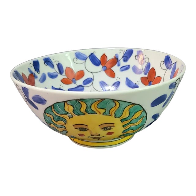 Vintage Wbi Chinoiserie Happy Sun Face Floral Colorful Hand Painted Bowl For Sale