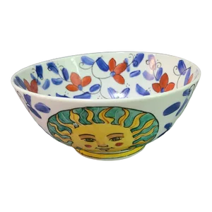 Vintage Wbi Chinoiserie Happy Sun Face Floral Colorful Hand Painted Bowl